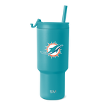 Teal blue tumbler with white and orange logo design accents