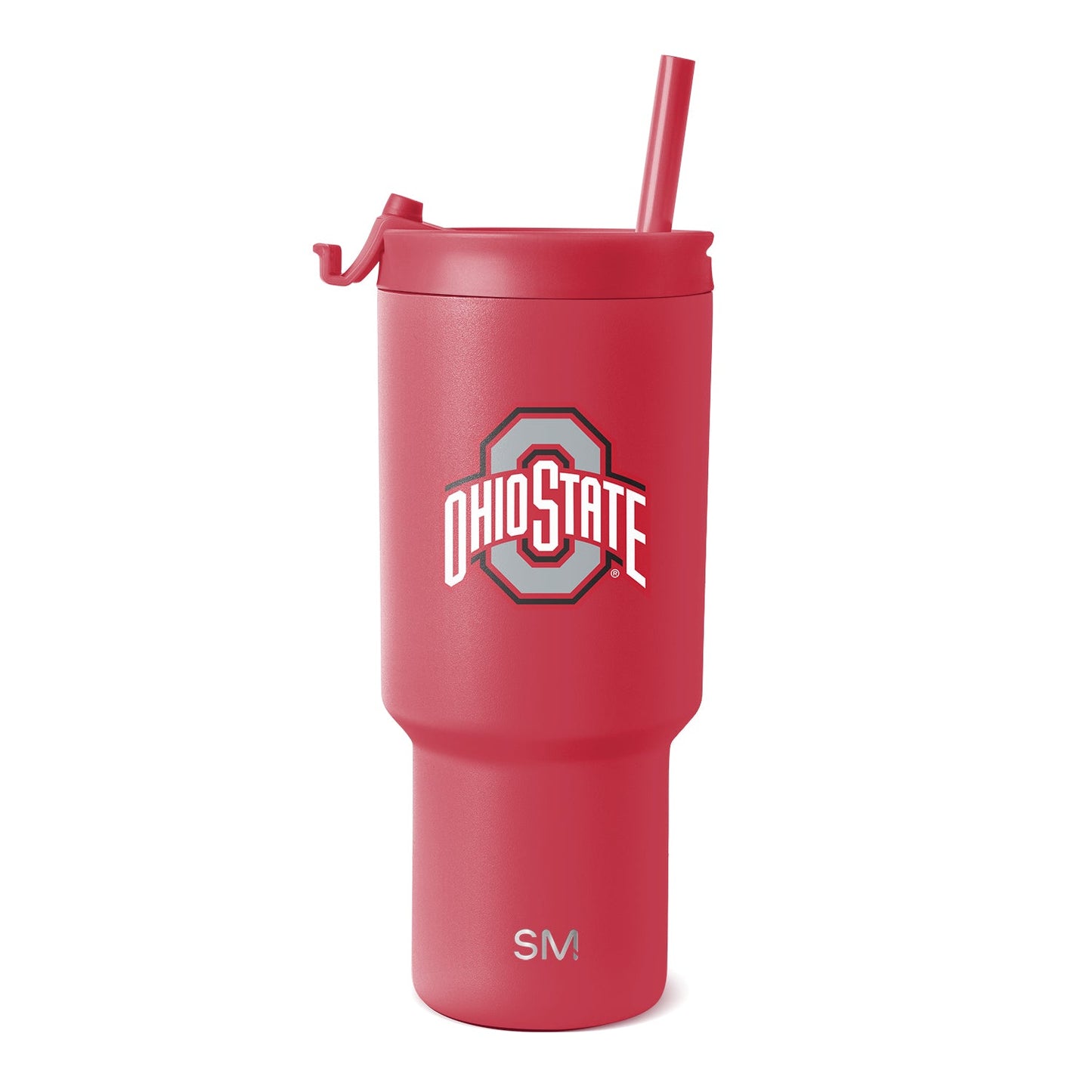 Vibrant coral-red tumbler with matching red straw and lid closure on white background.