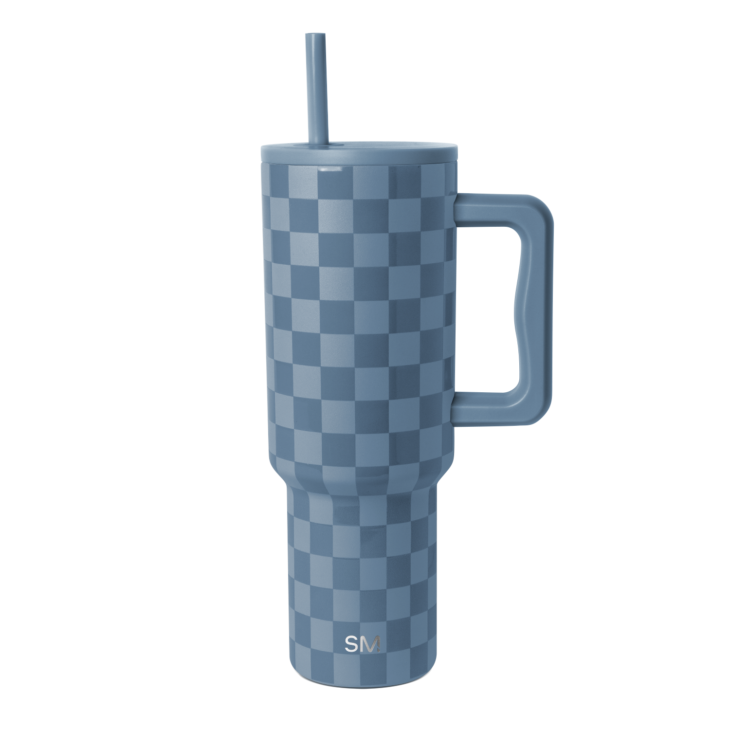Simple Modern insulated tumbler with blue-gray and light blue checkerboard pattern on white background