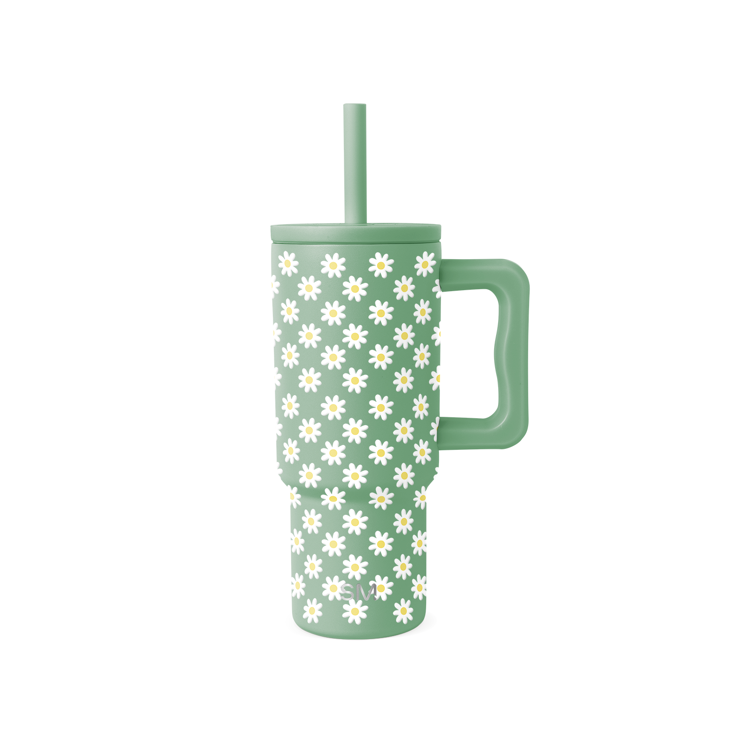 Soft sage green tumbler with white daisy flowers and pale yellow centers repeated across the surface
