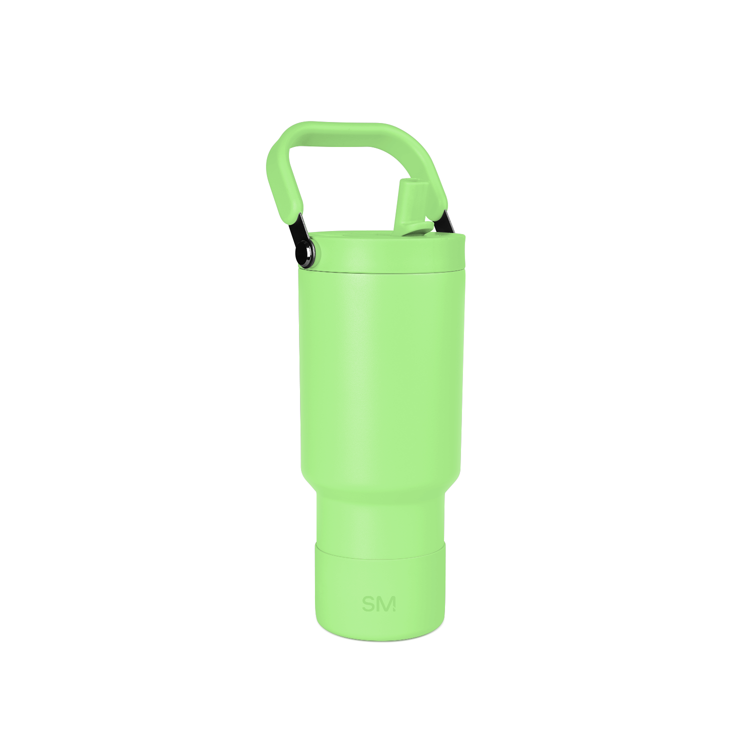 Bright lime green water bottle with white accents and text detailing on a white background