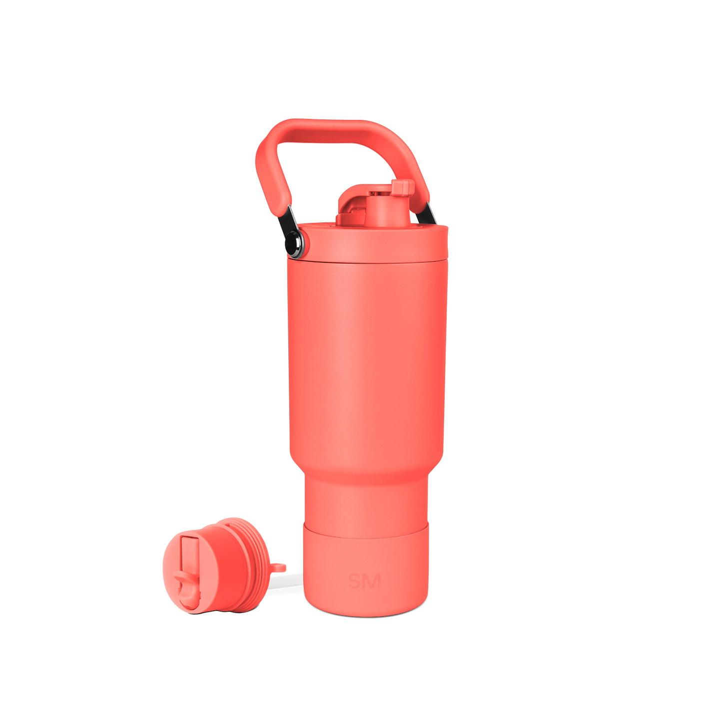 Coral-red water bottle with accessories on white background