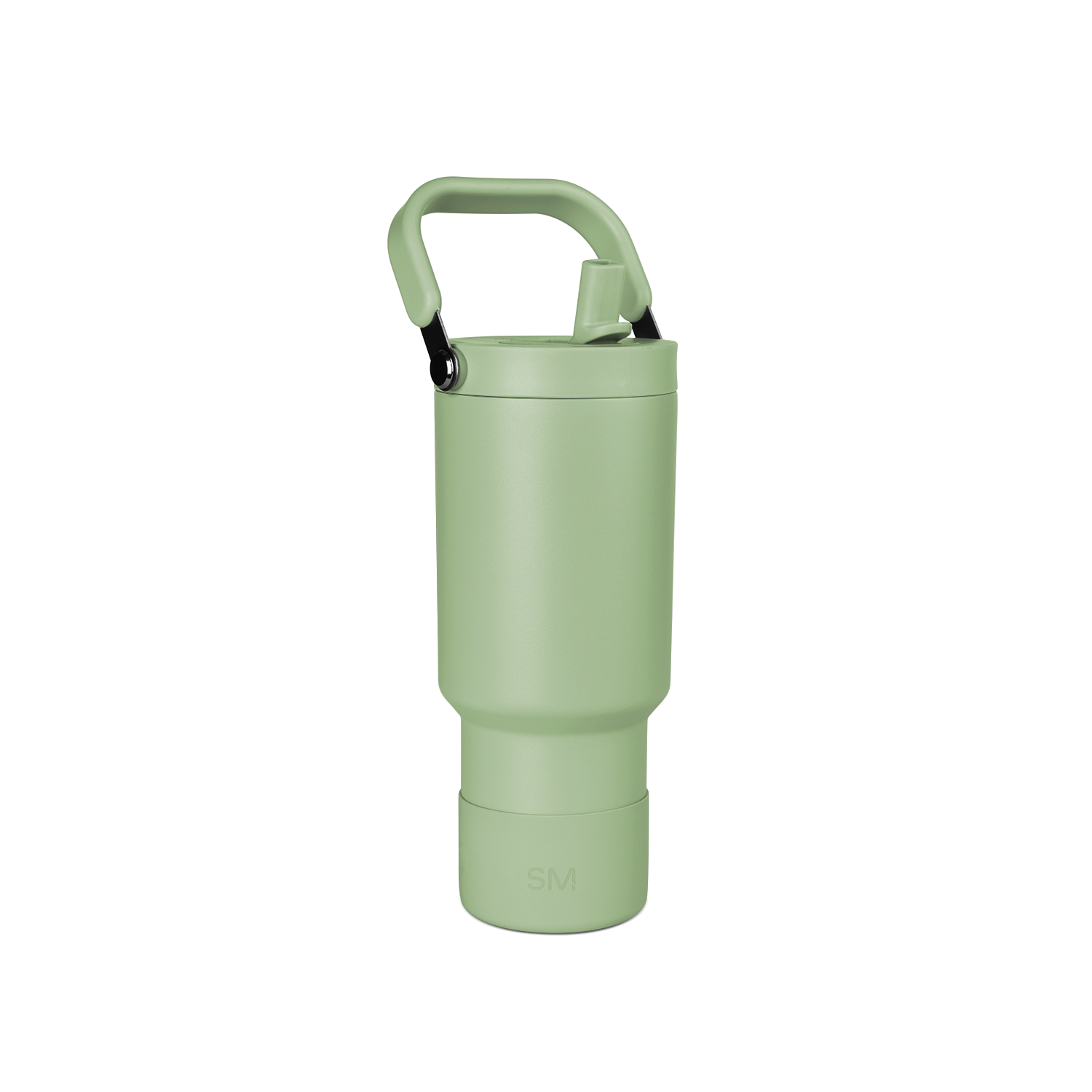 Soft sage green water bottle with handles and matching base on white background