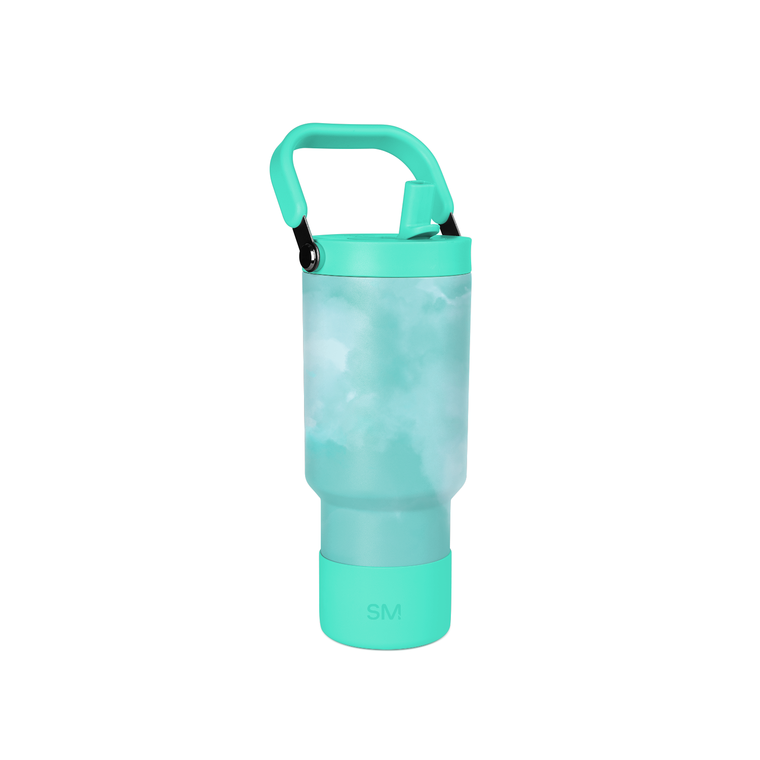 Turquoise and mint green insulated bottle with aqua-green body, deeper turquoise handle, lid band, and base.