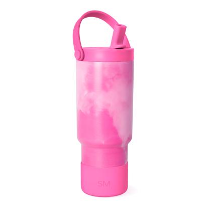Hot pink and magenta water bottle with white accents and lighter pink upper portion
