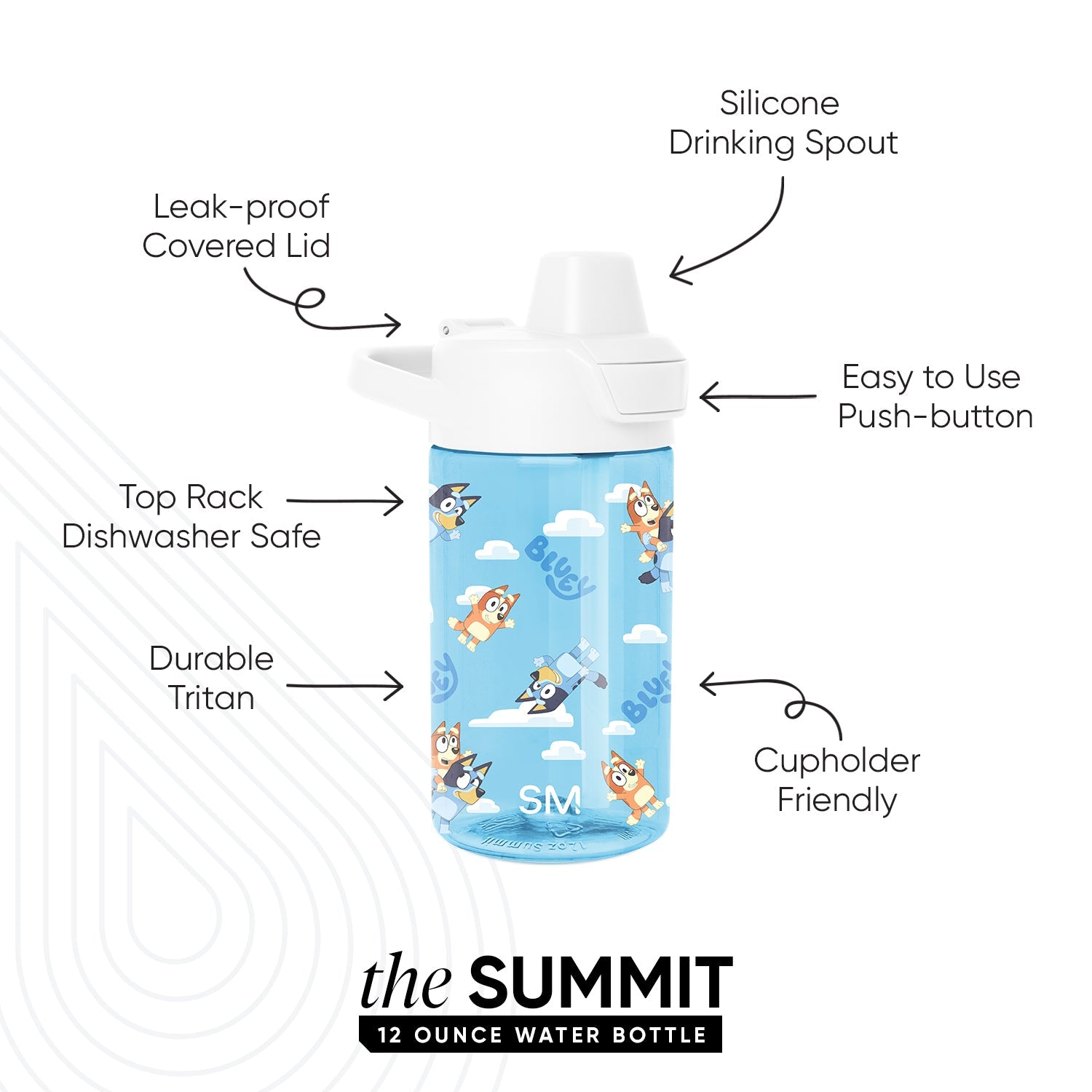 Sky blue 12-ounce Simple Modern Summit water bottle with white leak-proof lid, push-button spout, and illustrated cartoon characters. Feature callouts highlight dishwasher safe, durable Tritan, and cupholder friendly design.