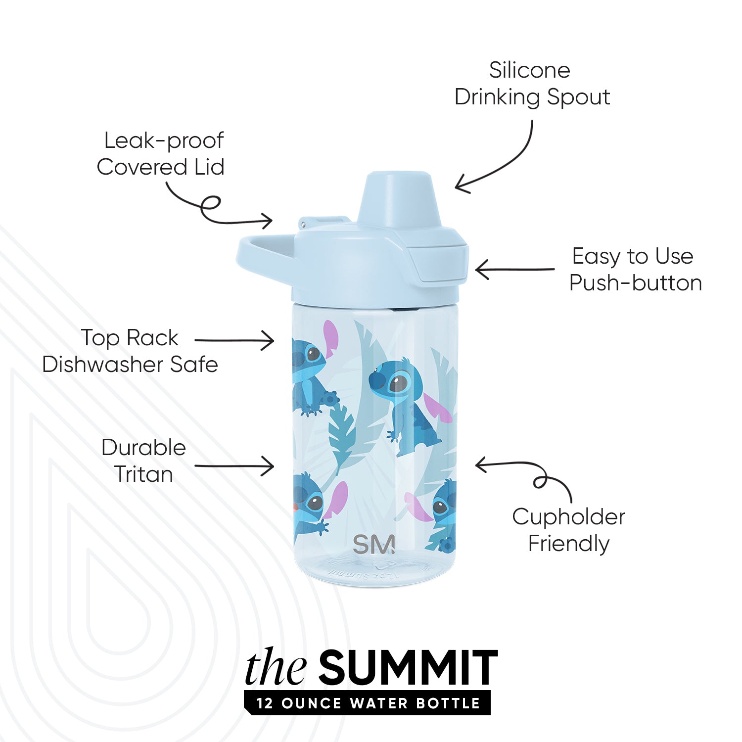 Light blue and cyan water bottle with bright blue, teal, and magenta pink decorative character illustrations